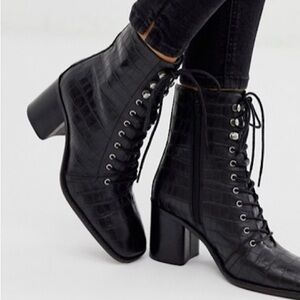 🐈‍⬛ ASOS Black Croc Square Toed Lace Up Zip Ankle Heeled Boots
